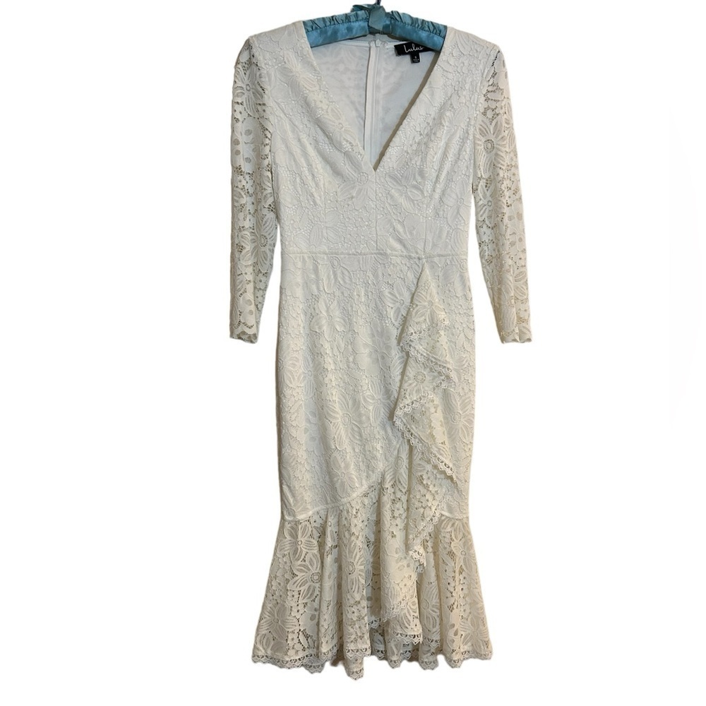 Lulus White Lace Wrap Front Midi Dress Sheer Sleeve Plunge Neckline Size Small